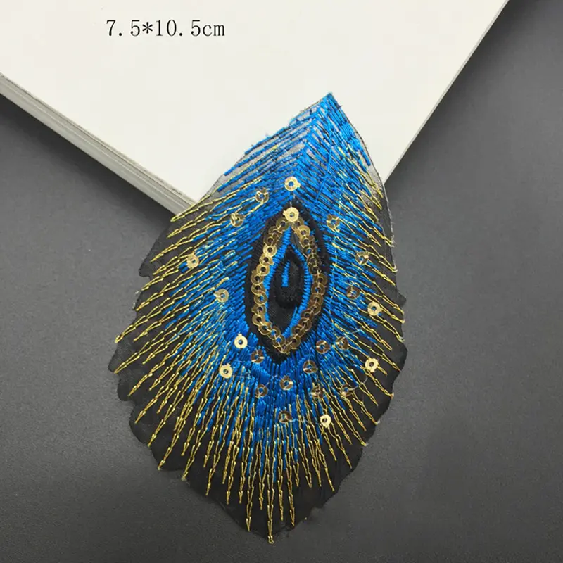 10Pcs Peacock Feathers Sequin applique Iron On Stickers Fabric Gold Thread Embroidery Patch Thermocollant For Clothing