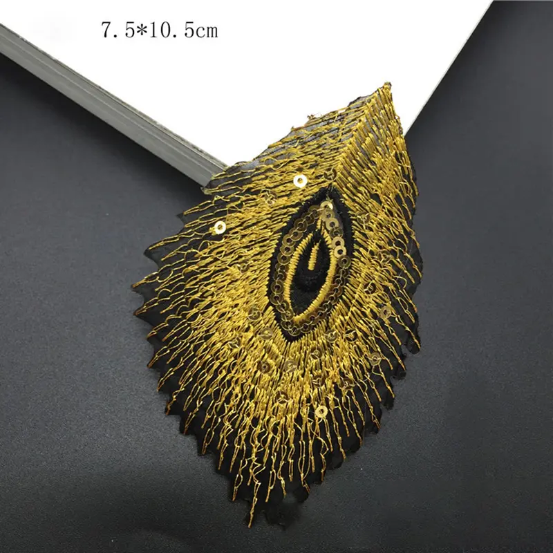 10Pcs Peacock Feathers Sequin applique Iron On Stickers Fabric Gold Thread Embroidery Patch Thermocollant For Clothing
