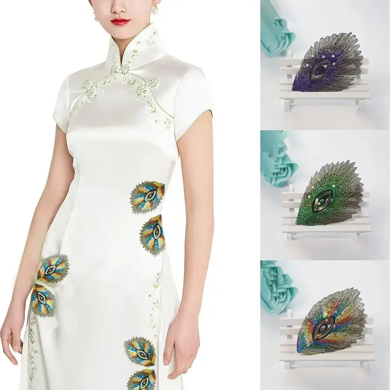 10Pcs Peacock Feathers Sequin applique Iron On Stickers Fabric Gold Thread Embroidery Patch Thermocollant For Clothing