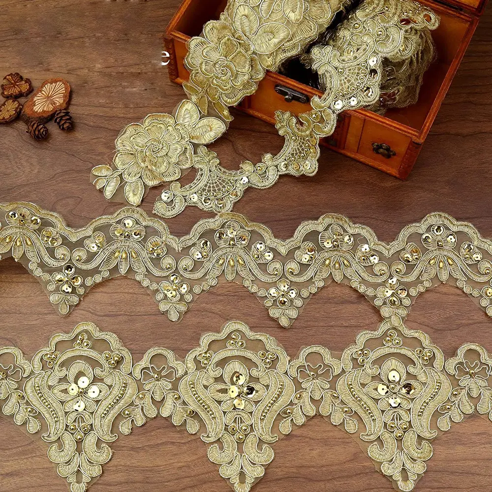 1Yard Gold Sequin Beaded Lace Trim Ribbon Vintage DIY Craft Edging Lace Embroidered