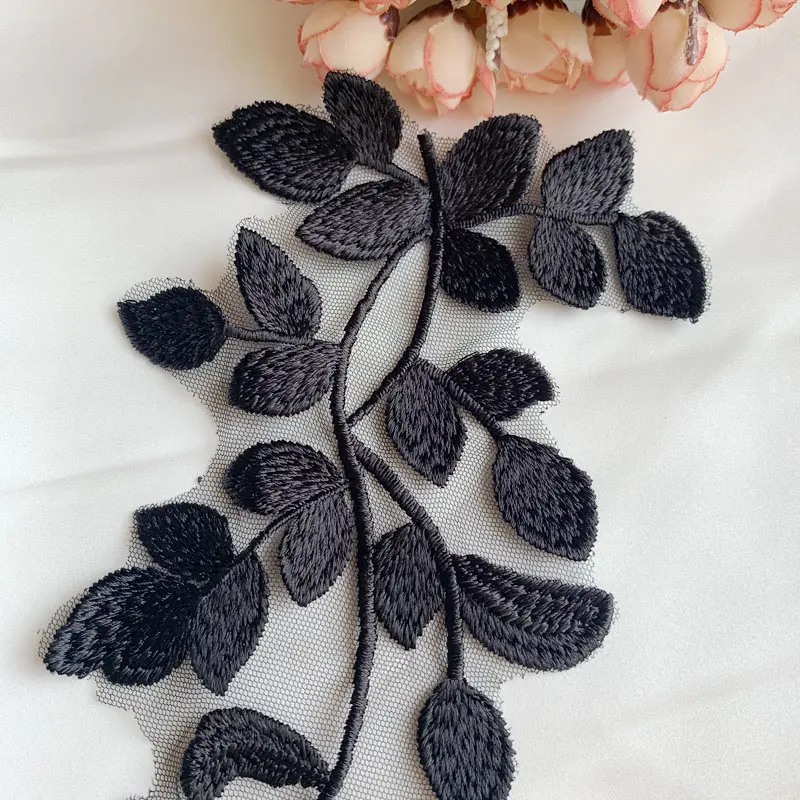 1 Pair White Black Leaves Branches Embroidery Patches For Housing Clothes Repair DIY Accessories 31*12CM