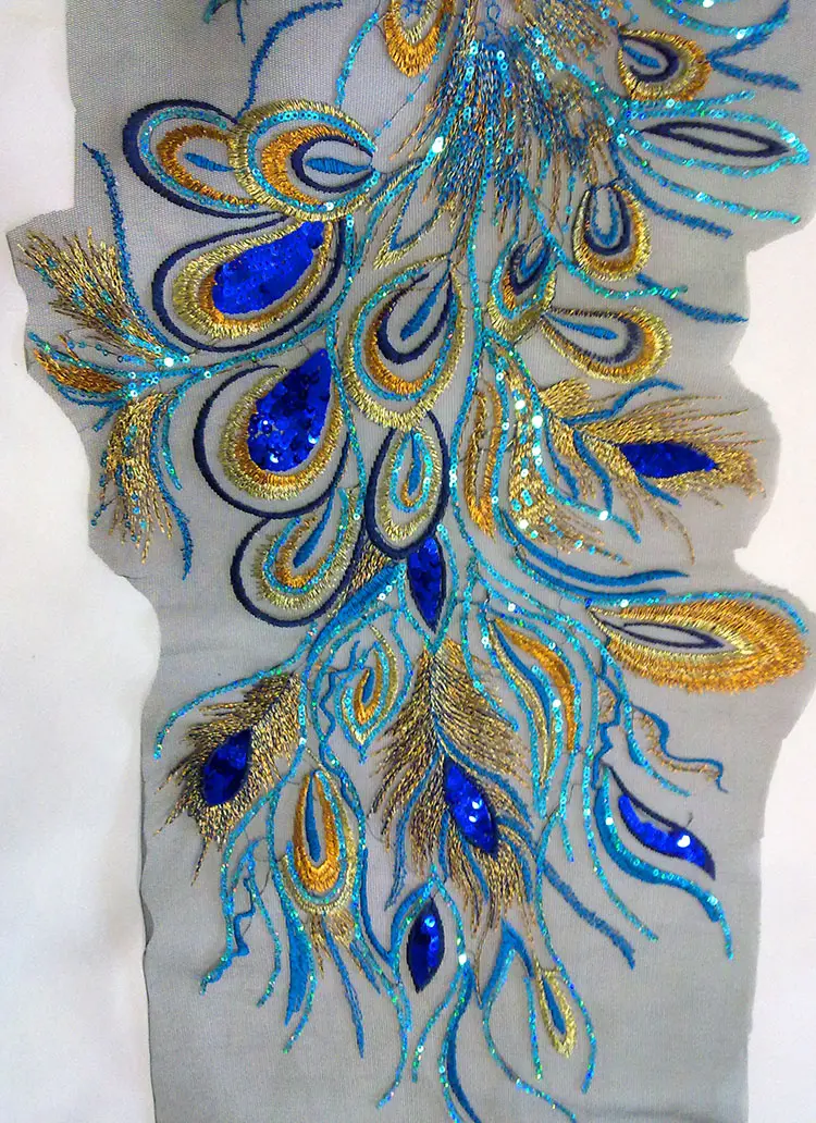 DIY Craft Embroidered Sequins Peacock Shape Cloth Feather Patch Applique Sew Trim Lace Fabric