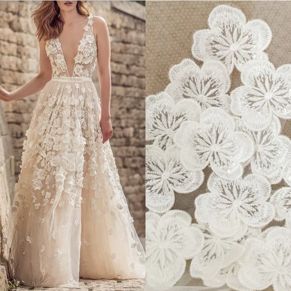 5Pcs White Embroidered Flowers Applique Sew Patch Repair For Wedding DIY Crafts