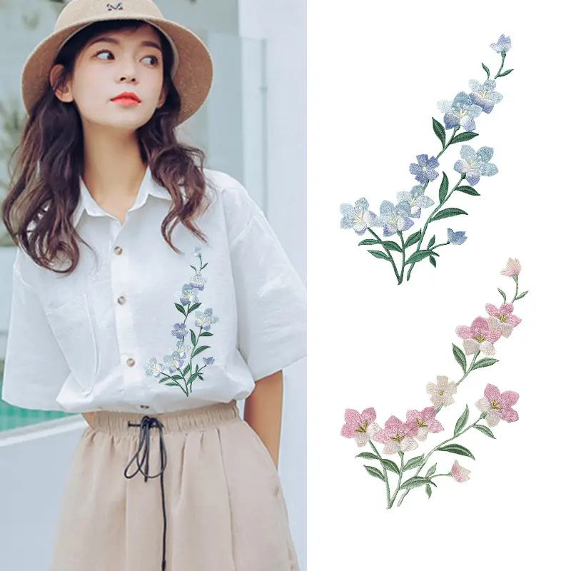 1Piece Pink Blue Flower Embroidery Patches Fabric Coat Dress Bags Clothing Sewing Patch Applique Accessories Handmade Crafts
