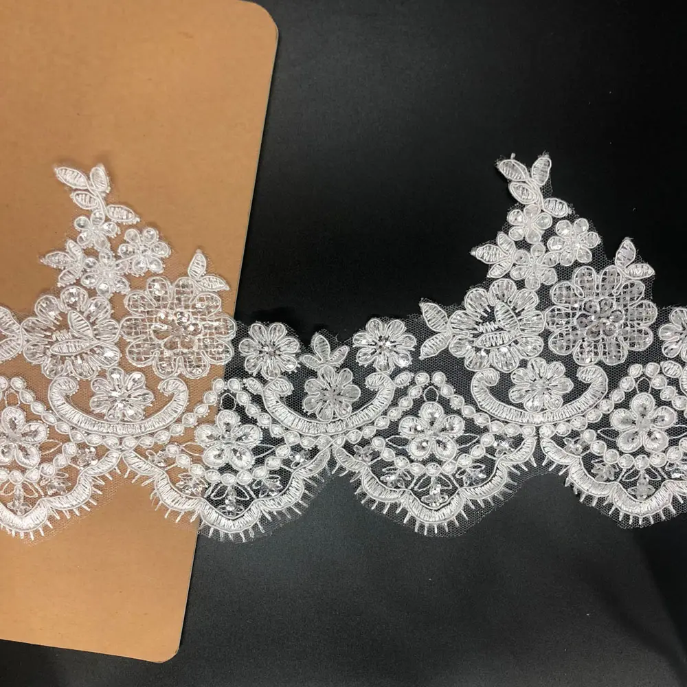 1Yard Sequins Eyelash Car Bone Lace White Lace Fabric Wedding Dress Accessories 14CM Wide
