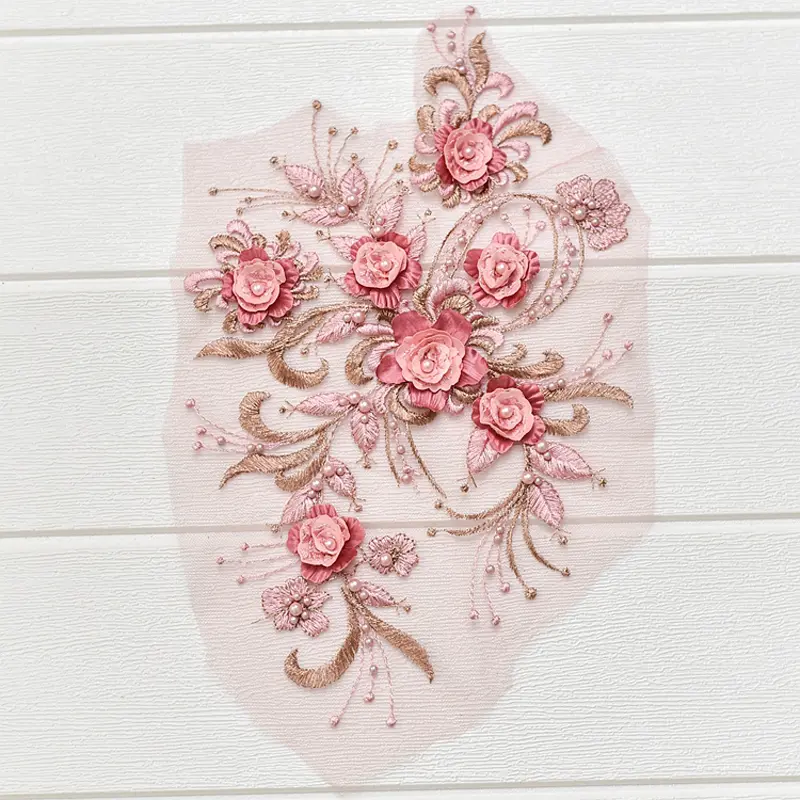 1 Piece Pink Bead Flowers Applique Patch 3D Lace Applique Repair For Couture Supplies 36*21CM