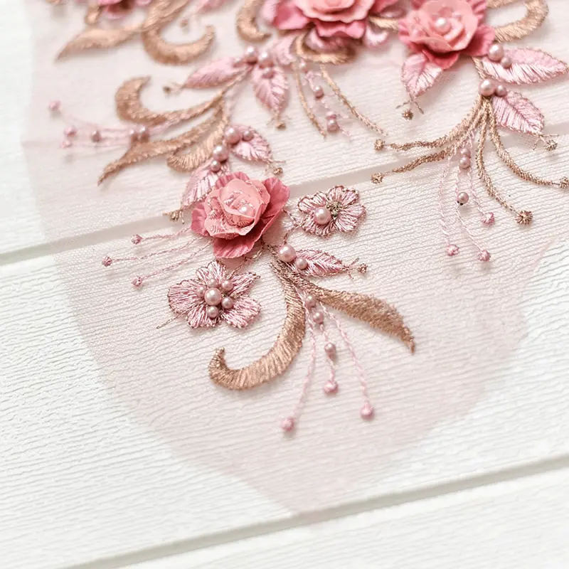 1 Piece Pink Bead Flowers Applique Patch 3D Lace Applique Repair For Couture Supplies 36*21CM