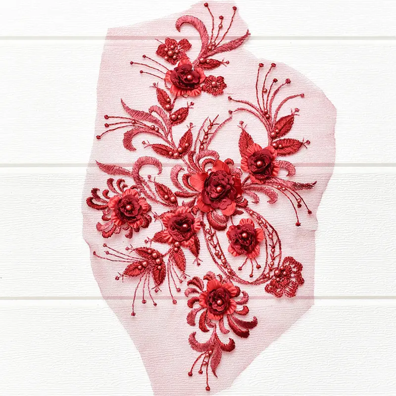 1 Piece Pink Bead Flowers Applique Patch 3D Lace Applique Repair For Couture Supplies 36*21CM