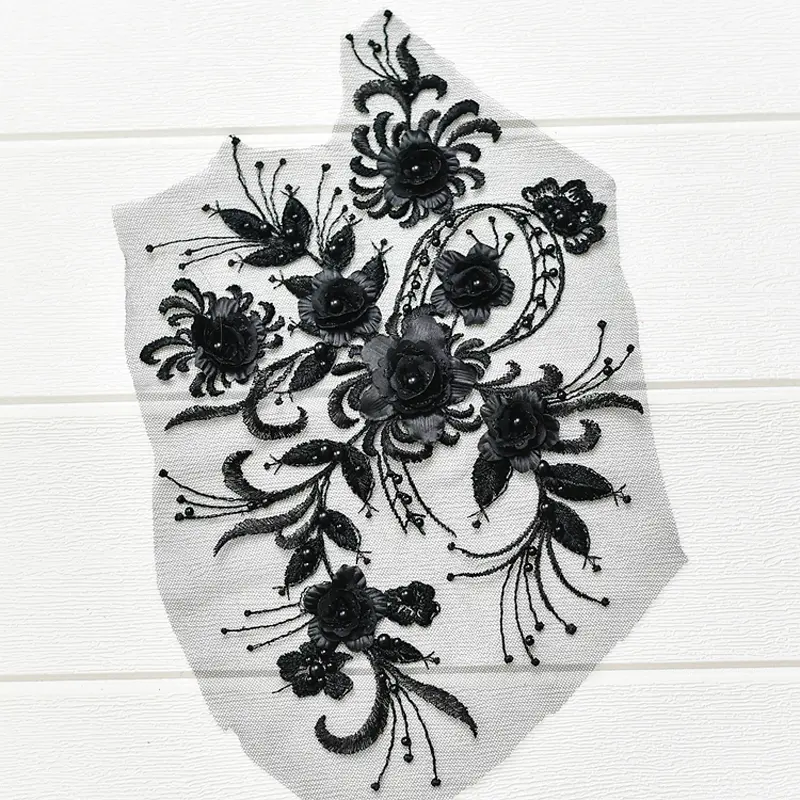 1 Piece Pink Bead Flowers Applique Patch 3D Lace Applique Repair For Couture Supplies 36*21CM