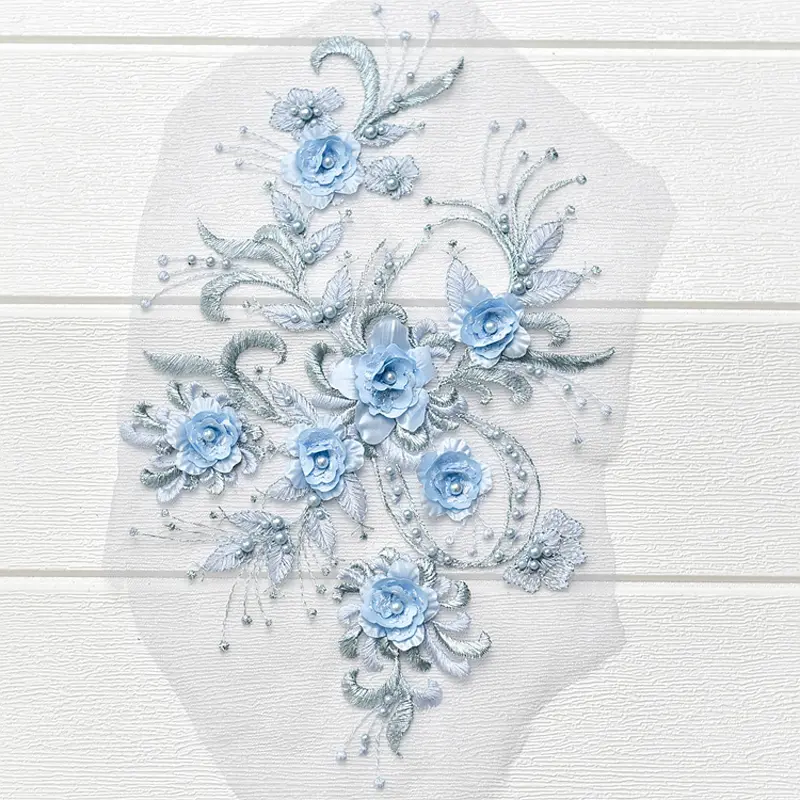1 Piece Pink Bead Flowers Applique Patch 3D Lace Applique Repair For Couture Supplies 36*21CM