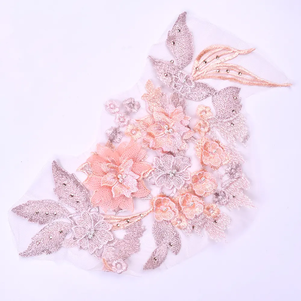 Purple Pink Green Embroidery Bead Patches Applique Mesh Fabrics Lace Sewing Clothing Wedding Dress Repair
