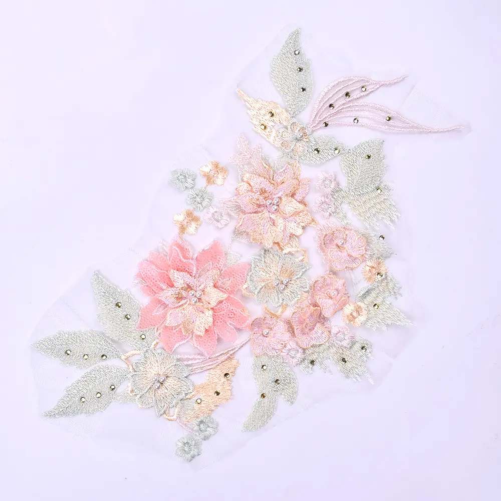 Purple Pink Green Embroidery Bead Patches Applique Mesh Fabrics Lace Sewing Clothing Wedding Dress Repair
