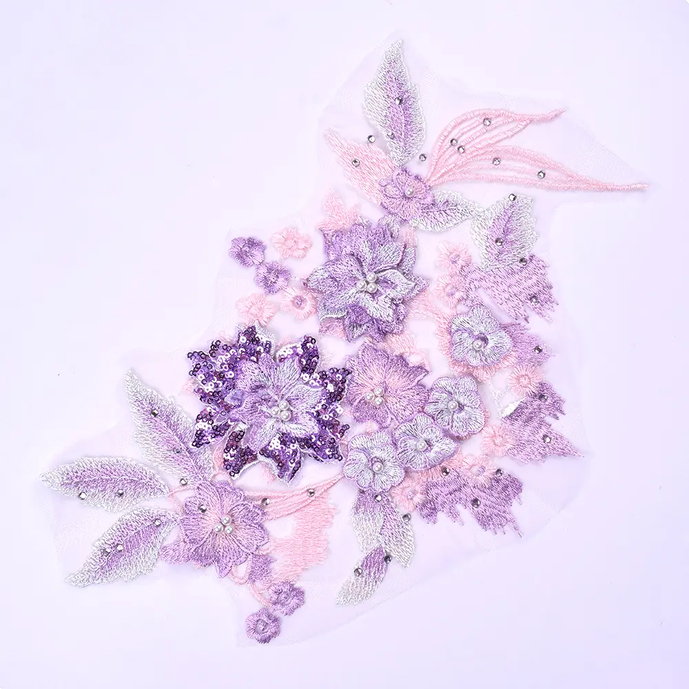 Purple Pink Green Embroidery Bead Patches Applique Mesh Fabrics Lace Sewing Clothing Wedding Dress Repair