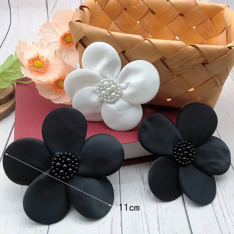 3 Pcs Black White Hand Sewn Pearl Colored Ding Cloth With Flower Clothing Patch DIY Clothing Accessories 11CM