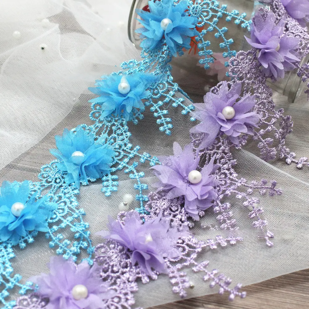 1 Yard 3D Chiffon Rose Lace Fabric Flower Pearl Beads Wedding Decor Lace Ribbon DIY Craft 8.5cm Wide