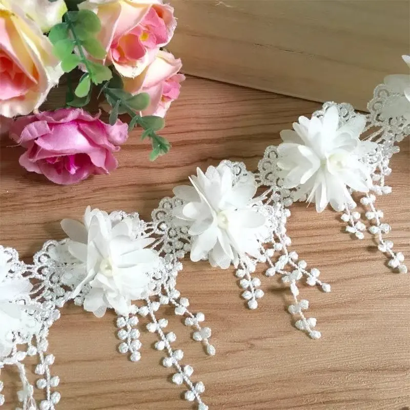 1 Yard 3D Chiffon Rose Lace Fabric Flower Pearl Beads Wedding Decor Lace Ribbon DIY Craft 8.5cm Wide