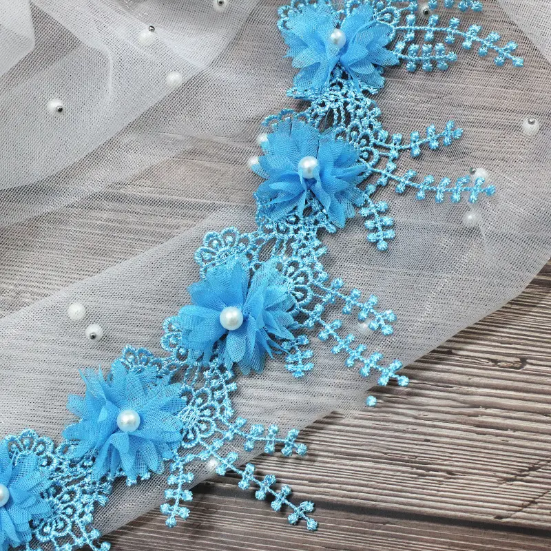 1 Yard 3D Chiffon Rose Lace Fabric Flower Pearl Beads Wedding Decor Lace Ribbon DIY Craft 8.5cm Wide