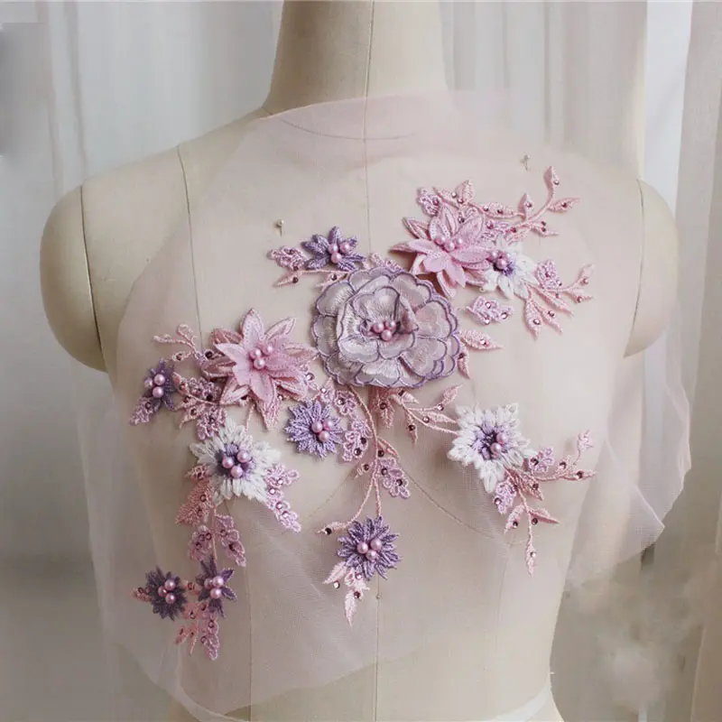 1Pc Gold Embroidery Pink Rayon Totem Lace Flower Patch Big Applique Wedding Lace Fabric Decoration