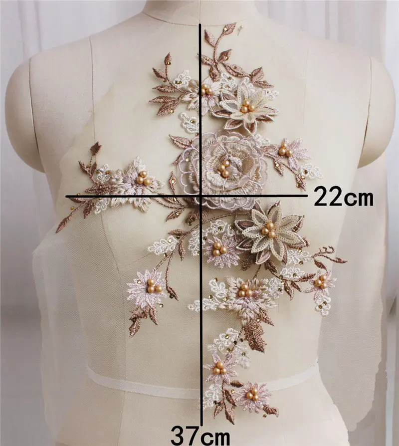 1Pc Gold Embroidery Pink Rayon Totem Lace Flower Patch Big Applique Wedding Lace Fabric Decoration