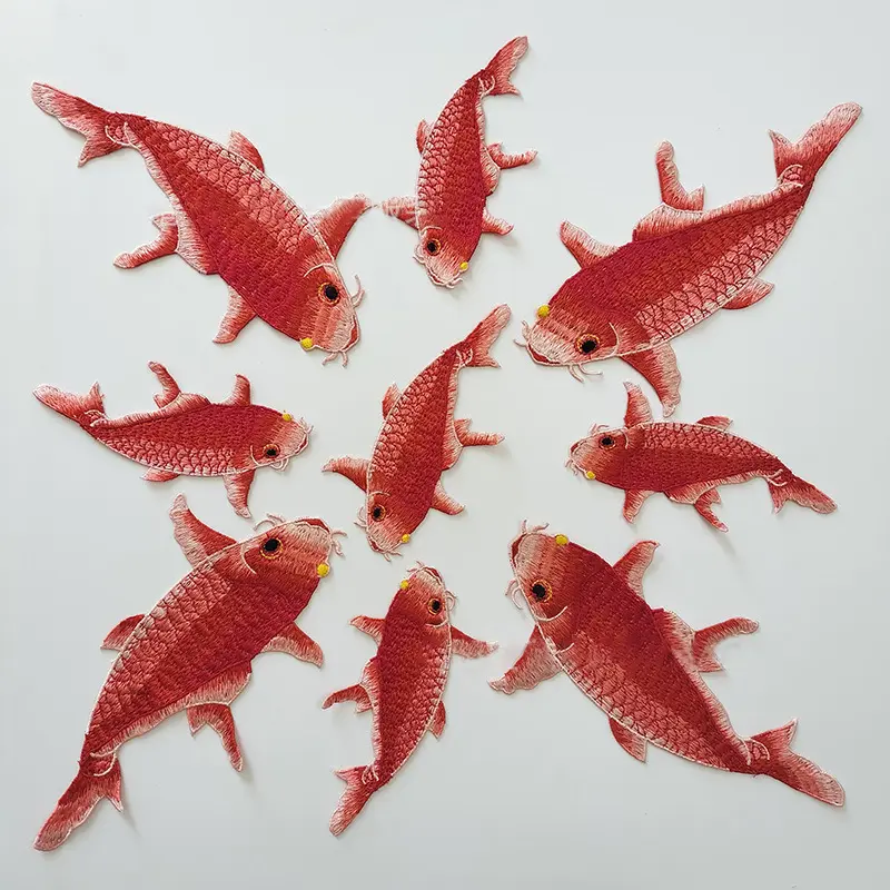 5Pcs Red Fish Embroidered Patches Chinese Style DIY Sewing Patch Embroidery Applique Repair