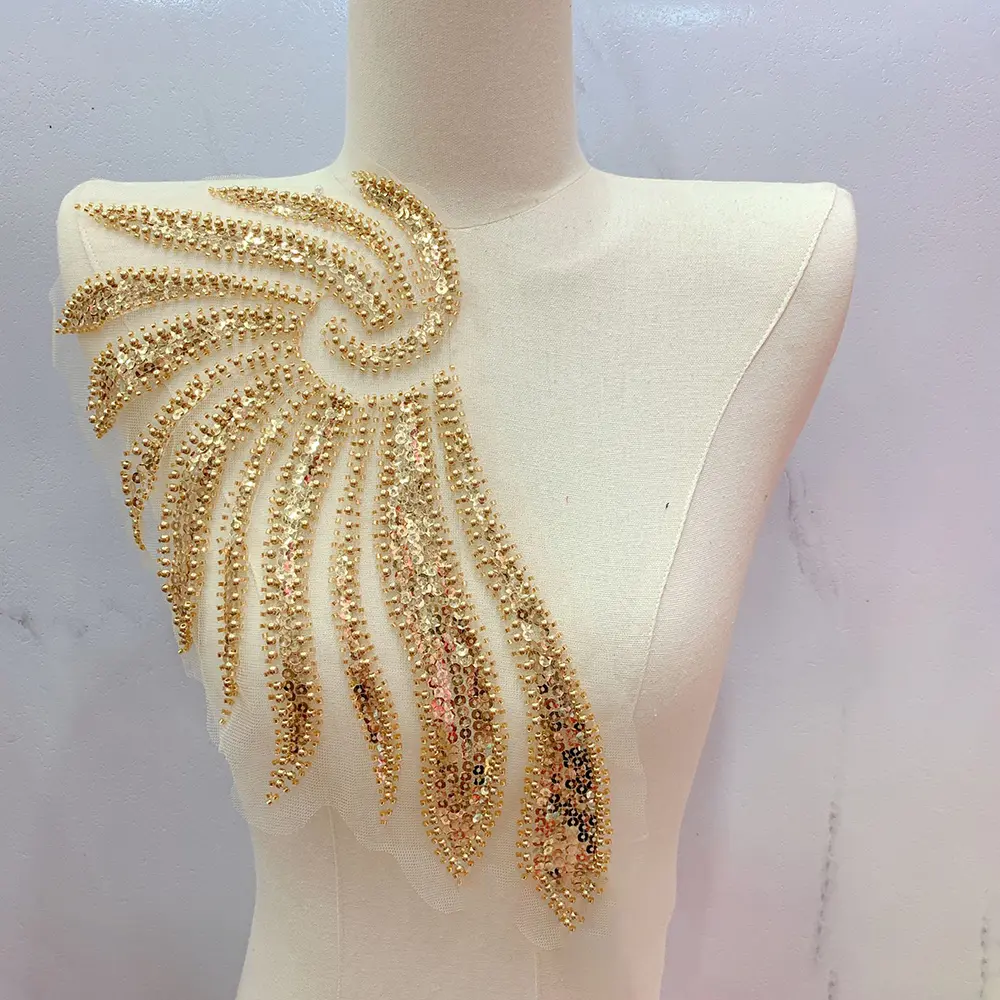 1Pair Beaded Rhinestone Golden White Sequins Lace Patch Applique Wedding DIY Repair Acceossories 41*18cm