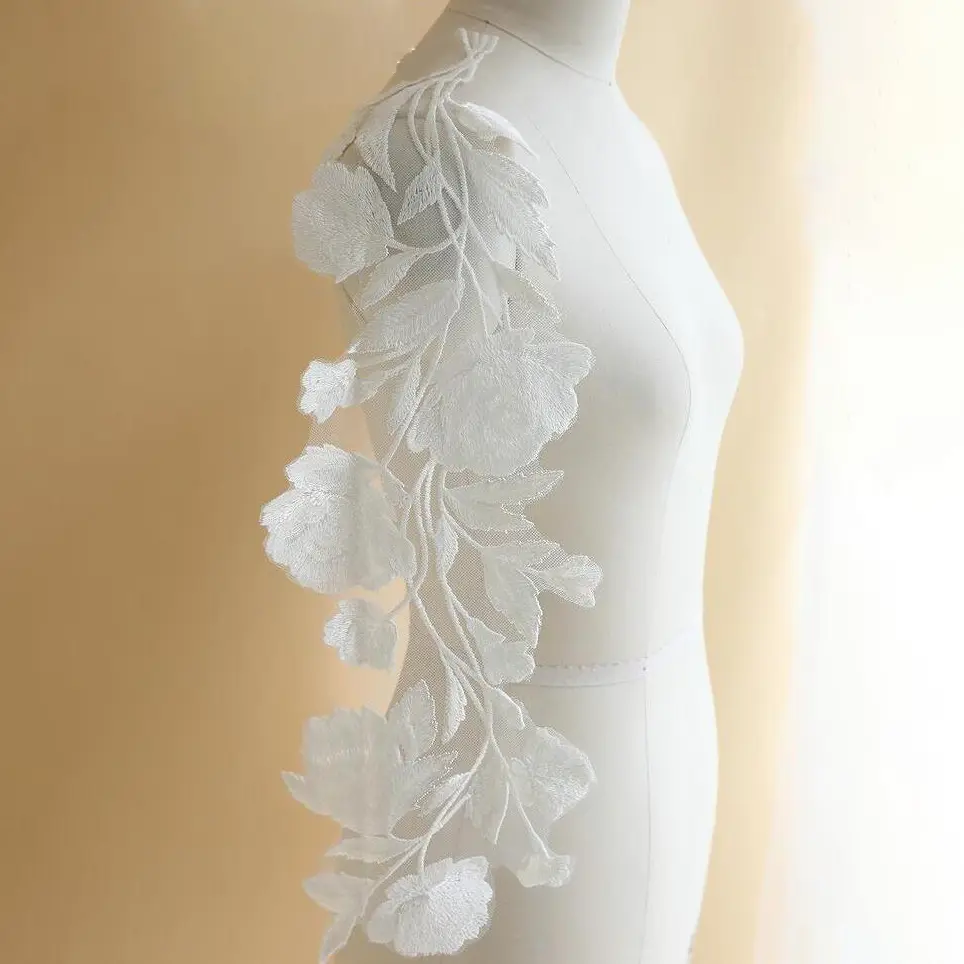 1 Pair White Rose Embroidery Thin Fabric DIY Wedding Dress Decoration Stickers 53 * 20cm
