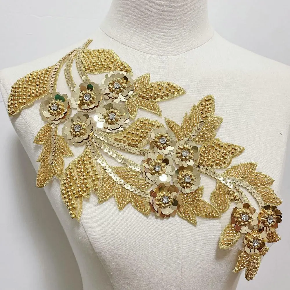 1 Piece Golden Silver White Embroidered Lace Applique Sequins Beading Decoration Patch Repair