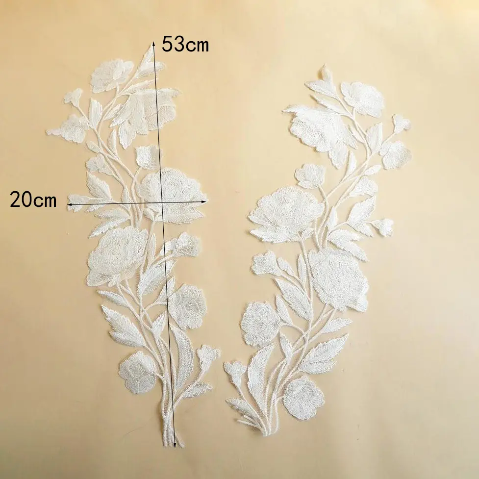 1 Pair White Rose Embroidery Thin Fabric DIY Wedding Dress Decoration Stickers 53 * 20cm