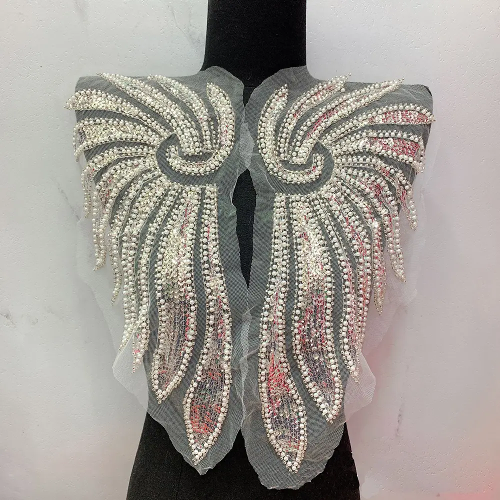 1Pair Beaded Rhinestone Golden White Sequins Lace Patch Applique Wedding DIY Repair Acceossories 41*18cm