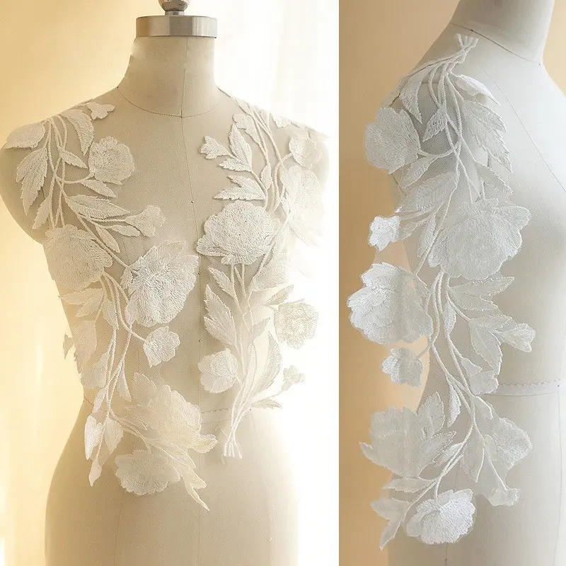 1 Pair White Rose Embroidery Thin Fabric DIY Wedding Dress Decoration Stickers 53 * 20cm