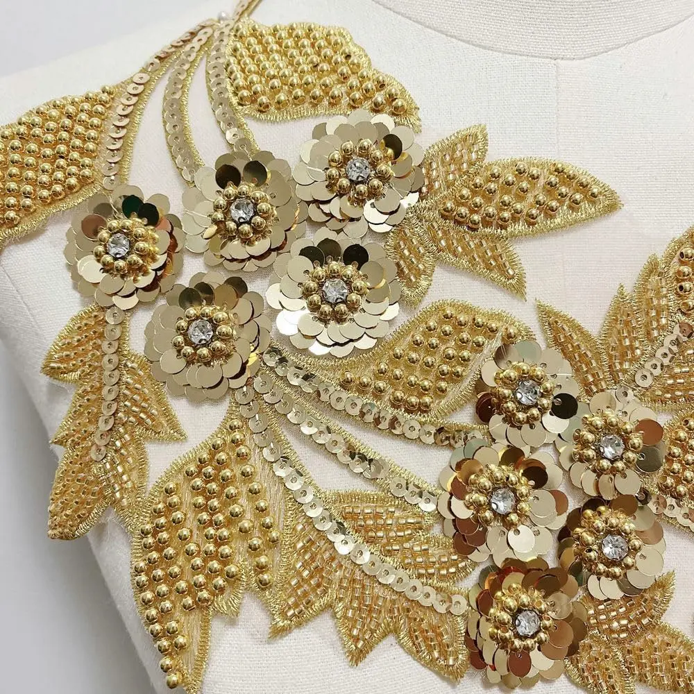 1 Piece Golden Silver White Embroidered Lace Applique Sequins Beading Decoration Patch Repair