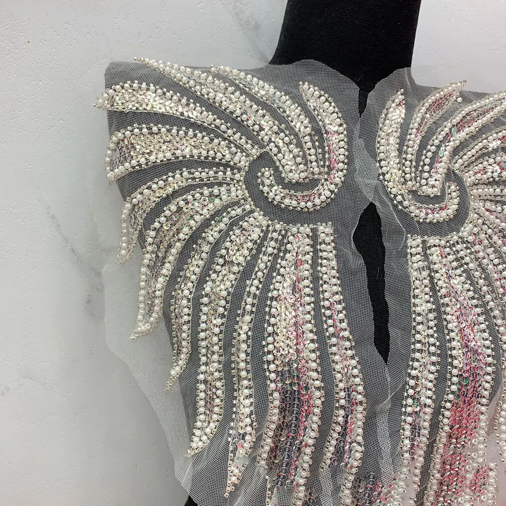 1Pair Beaded Rhinestone Golden White Sequins Lace Patch Applique Wedding DIY Repair Acceossories 41*18cm