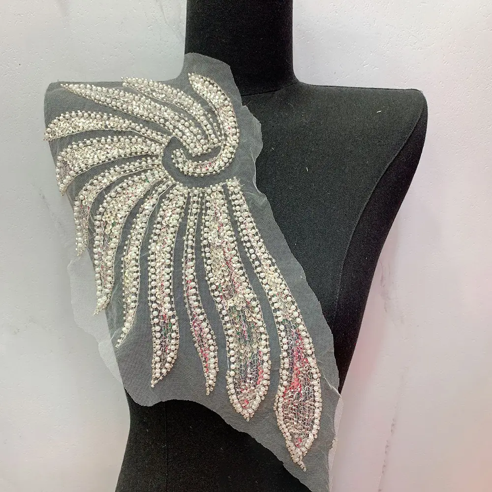 1Pair Beaded Rhinestone Golden White Sequins Lace Patch Applique Wedding DIY Repair Acceossories 41*18cm