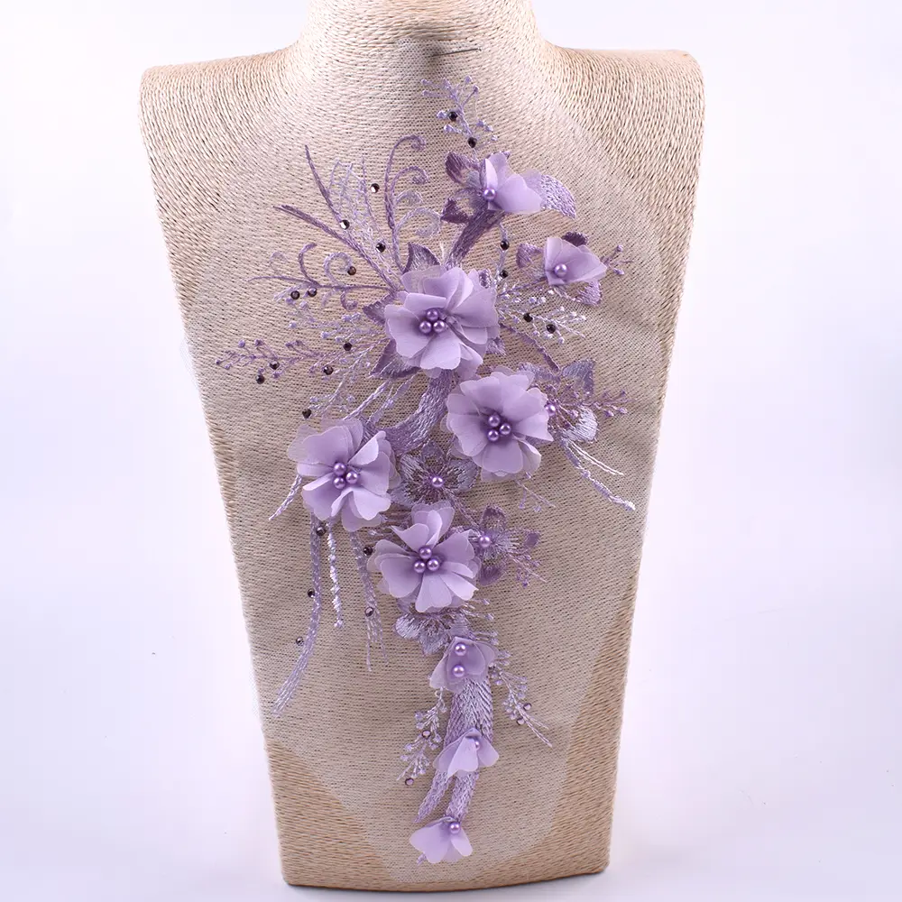 Blue Pink White Flower Embroidery Patch Applique Sewing On Wedding Dress Diy Repair 29*16CM