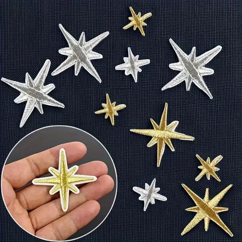 10 Pcs Gold and Silver Stars Hand Embroidered Badge Cloth Stickers DIY Clothing Patch Stickers