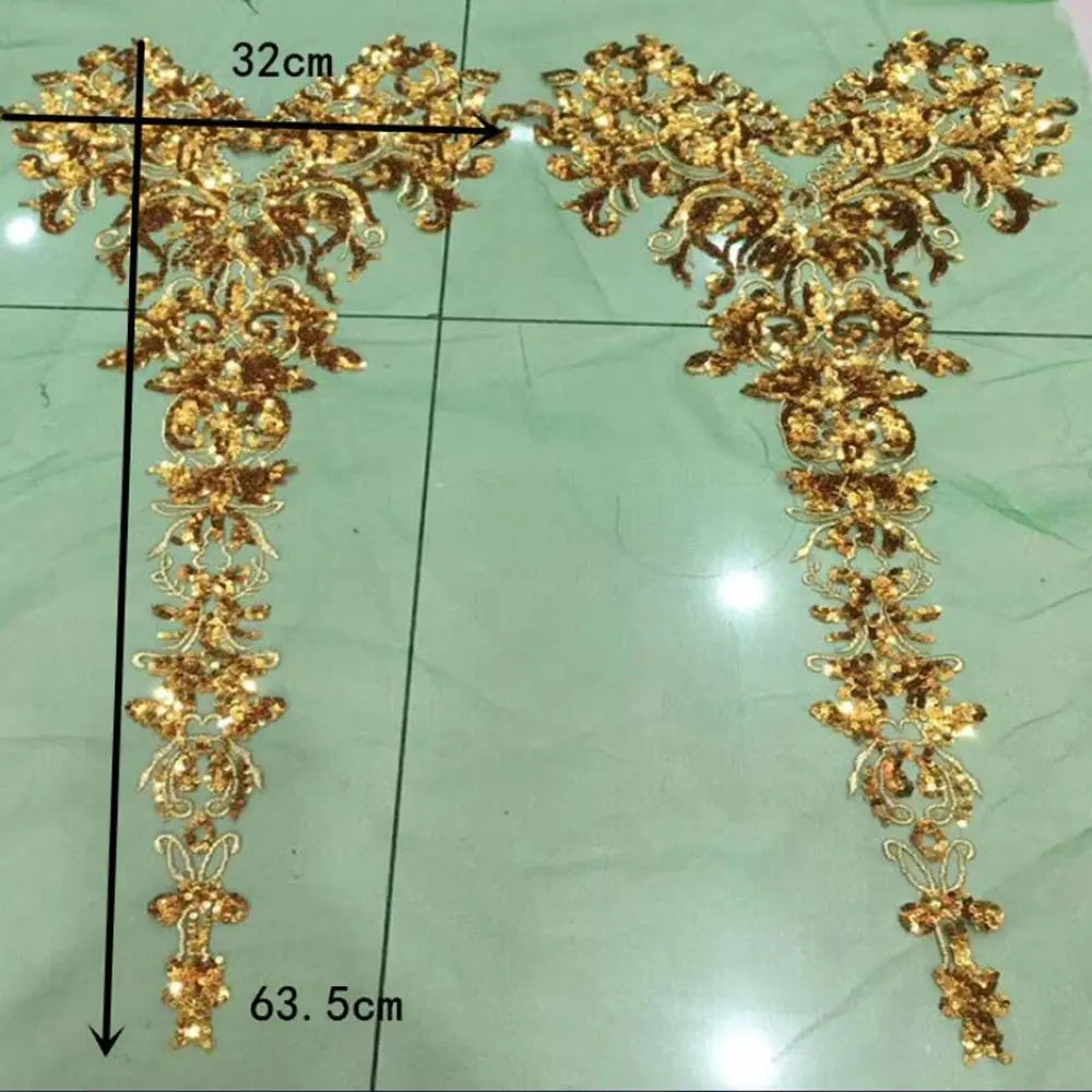 4Pcs/Set Gold Flowers Wedding Gown Appliques Embroidered Fabric Collar Lace Trims Mesh Sew On Patch For Dress DIY Decoration