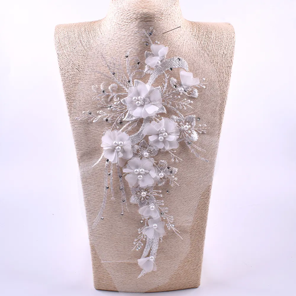 Blue Pink White Flower Embroidery Patch Applique Sewing On Wedding Dress Diy Repair 29*16CM