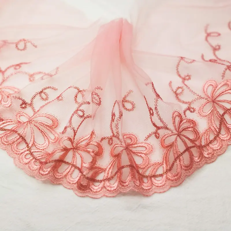 1Y Mesh Plum Blossom Flowers Embroidery Lace Fabric Pink Trim For Bra Lingerie Underwear Doll's Dress Ribbon