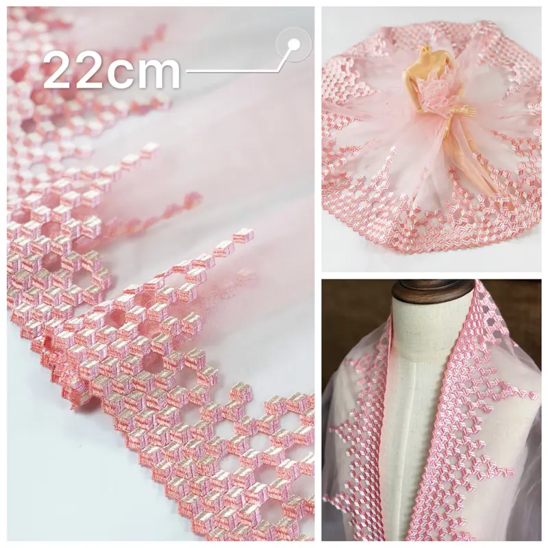 1Y Mesh Plum Blossom Flowers Embroidery Lace Fabric Pink Trim For Bra Lingerie Underwear Doll's Dress Ribbon