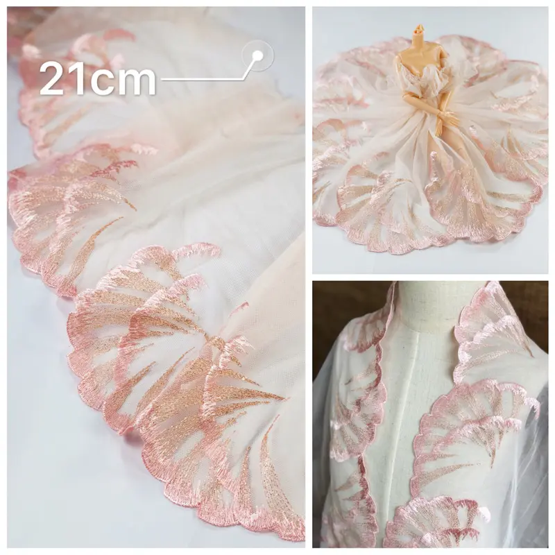 1Y Mesh Plum Blossom Flowers Embroidery Lace Fabric Pink Trim For Bra Lingerie Underwear Doll's Dress Ribbon