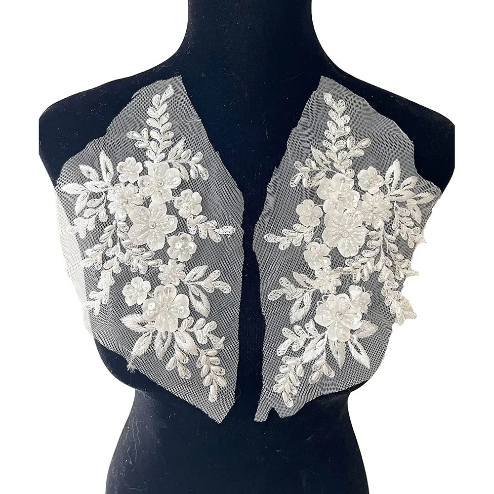 1 Pair 3D Lace Beaded Sequins Flower Patch Sew on Applique DIY Repair Clothing Accessories
