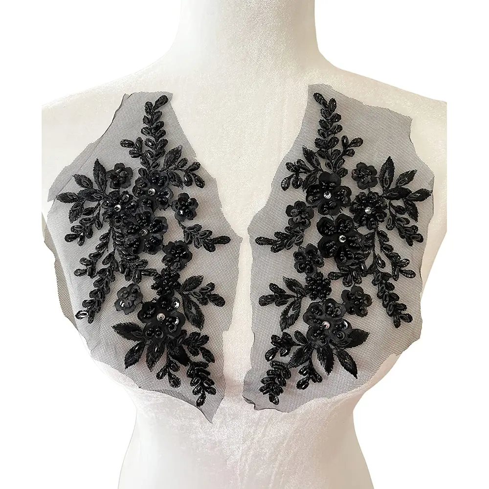 1 Pair 3D Lace Beaded Sequins Flower Patch Sew on Applique DIY Repair Clothing Accessories