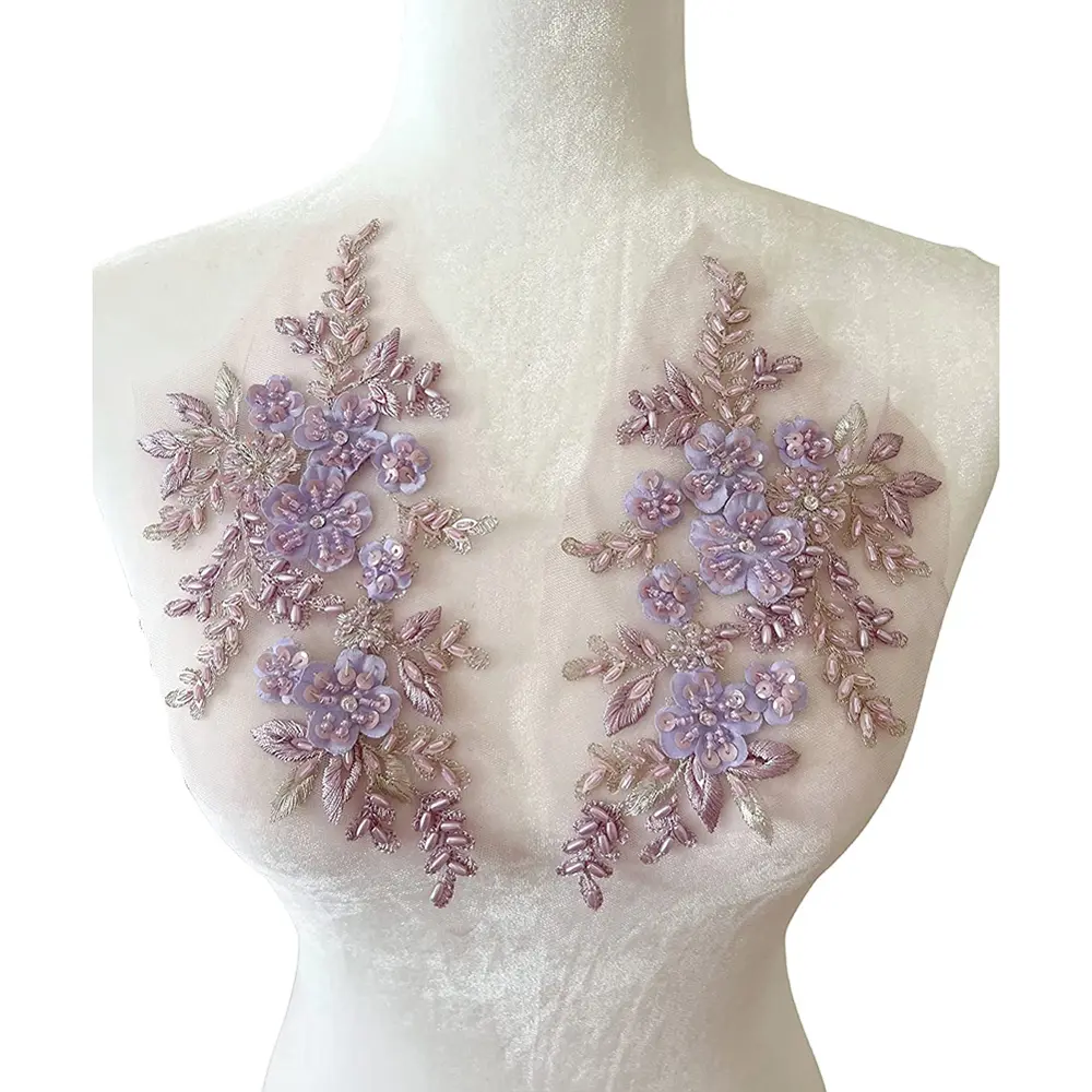 1 Pair 3D Lace Beaded Sequins Flower Patch Sew on Applique DIY Repair Clothing Accessories