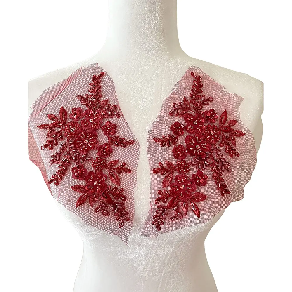 1 Pair 3D Lace Beaded Sequins Flower Patch Sew on Applique DIY Repair Clothing Accessories