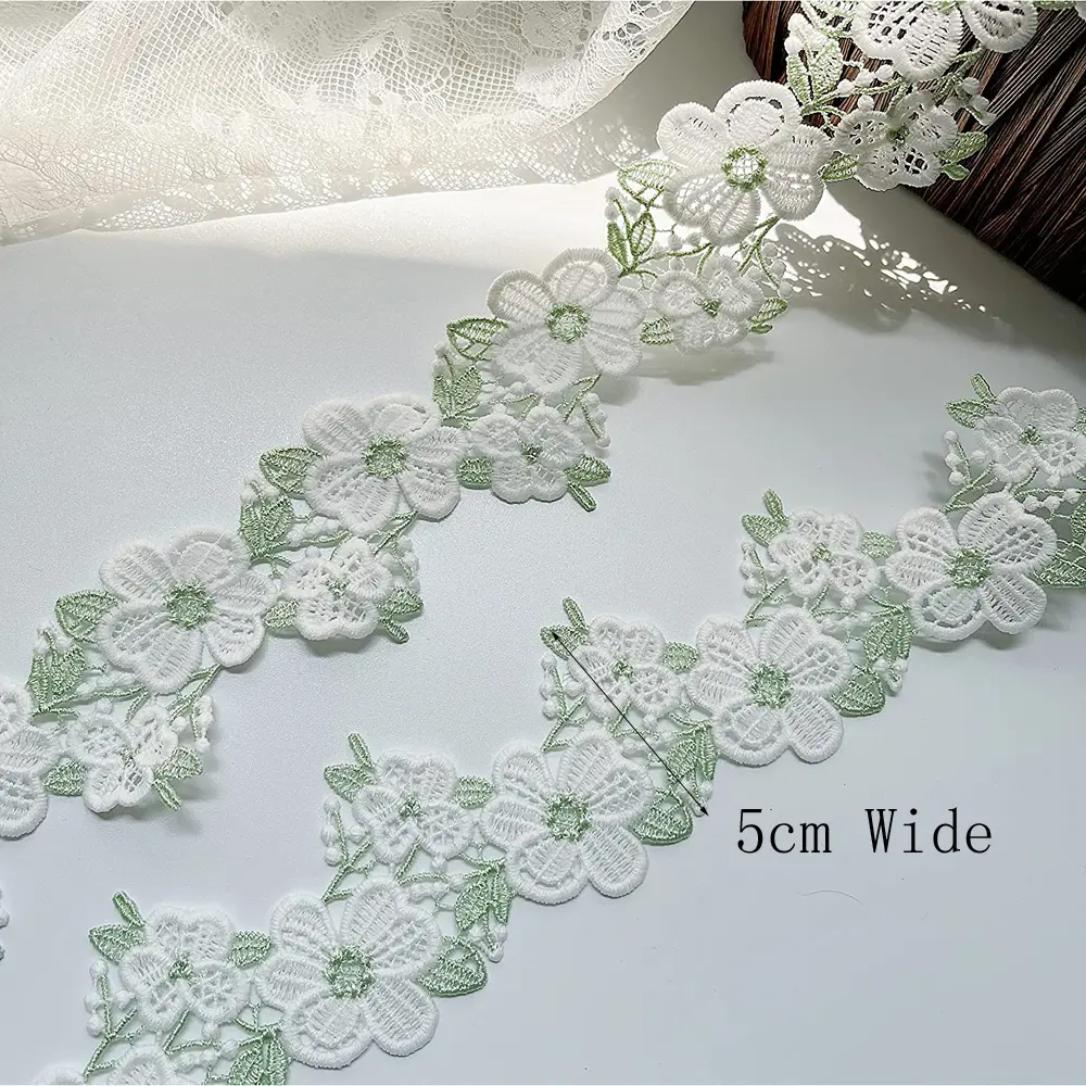 1Yard Green White Sunflower Embroidery Lace Trim Fabric Clothing Accessories Home Decoration Lace Ribbon