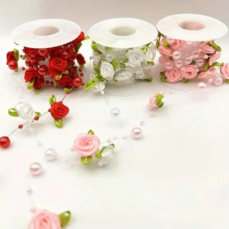 2M Rose Pearl Leaf Beaded Flower Wreath Christmas Decoration Crafts Decoration DIY Accessories