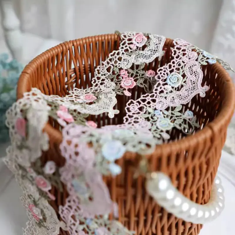1Yard Blue Pink Flower Lace Border Sewing Fabric DIY Decoration Home Accessories 6.5CM Wide