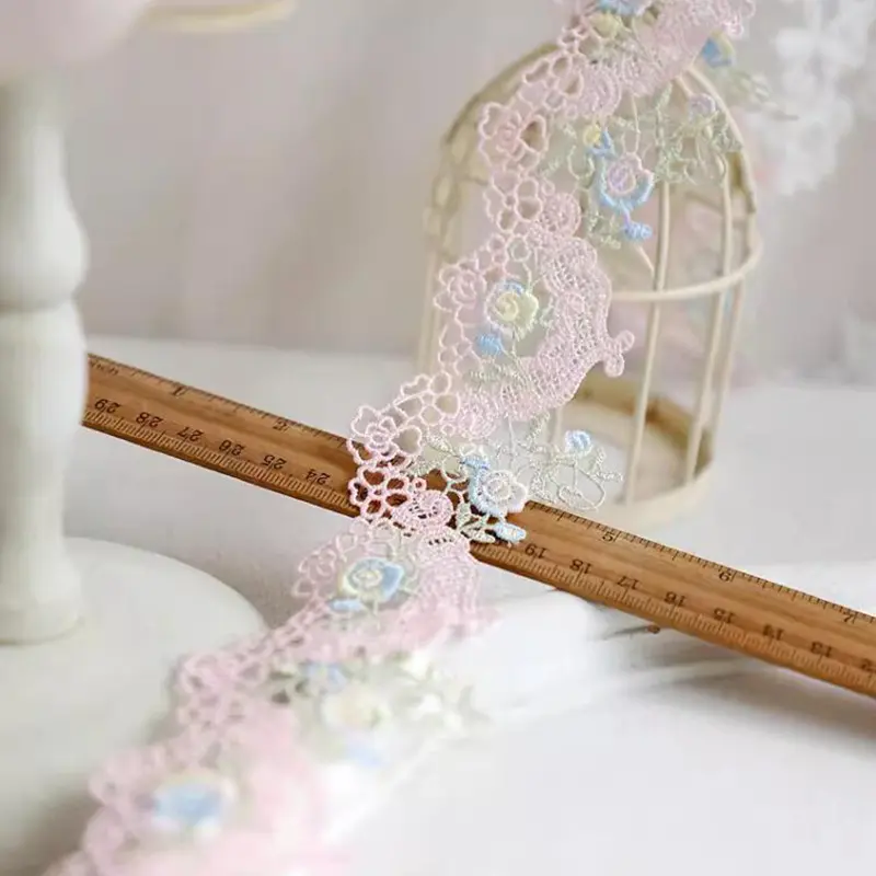 1Yard Blue Pink Flower Lace Border Sewing Fabric DIY Decoration Home Accessories 6.5CM Wide