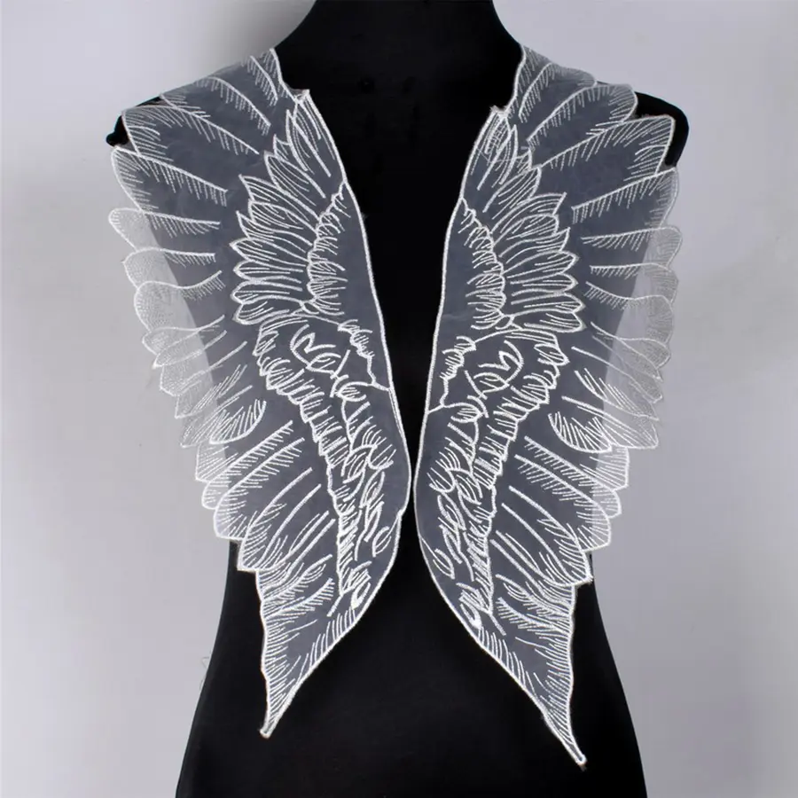 1 Pair Embroidery Patch Black White Wings Motif Neckline Collar Lace Fabric Appliques For Wedding Dress Applique Trim Crafts