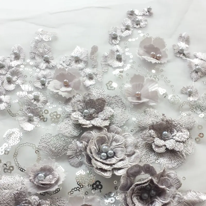 1Pc Grey White Lace Fabric 3D Flowers Beads Sequin Appliques Embroidery Mesh Sew Patch For Wedding Evening Dress Decoration DIY